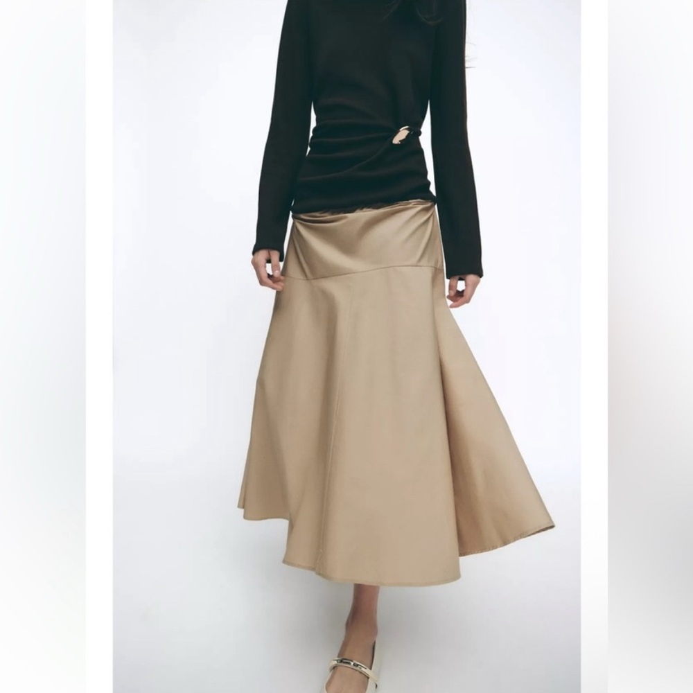 Zara Black and Tan Brooch Clasp Flared Skirt Dress. Mixed media. Size Medium - Picture 5 of 7